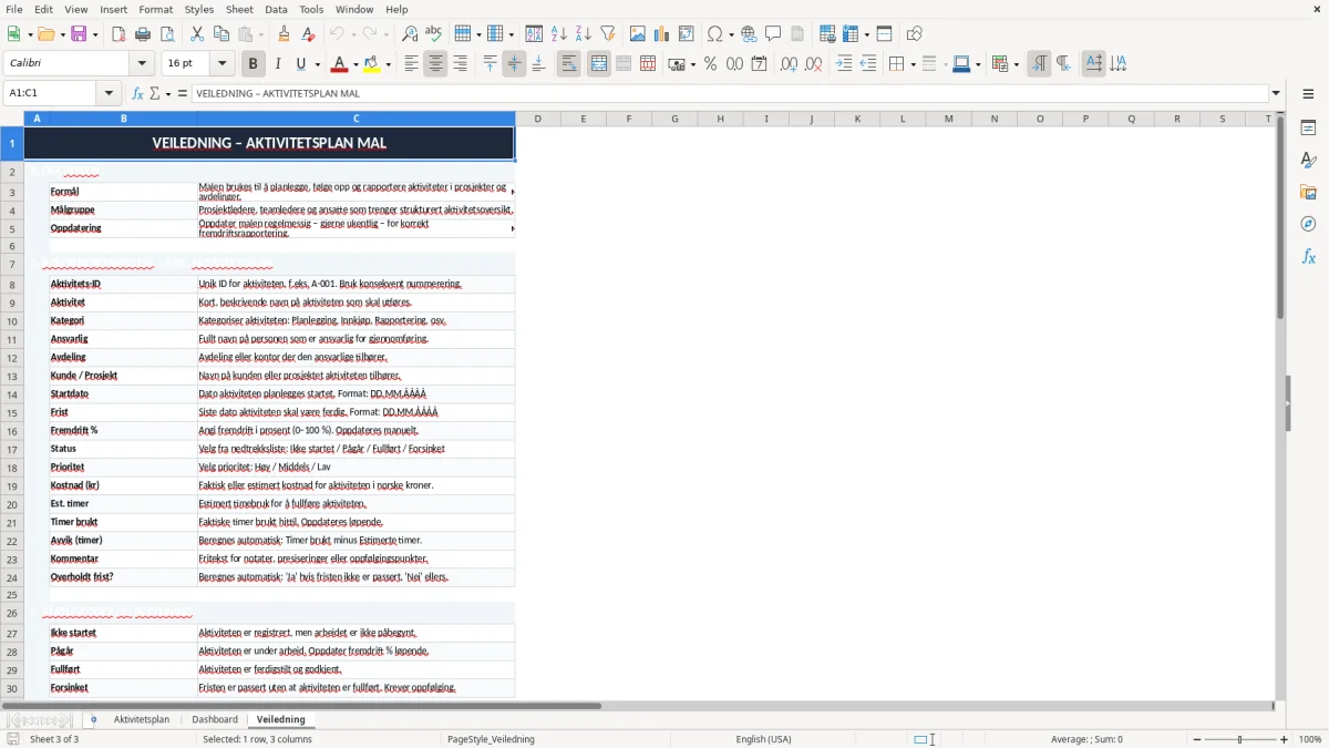 Skjermbilde 3: fanen Veiledning - Excel-mal aktivitetsplan excel mal