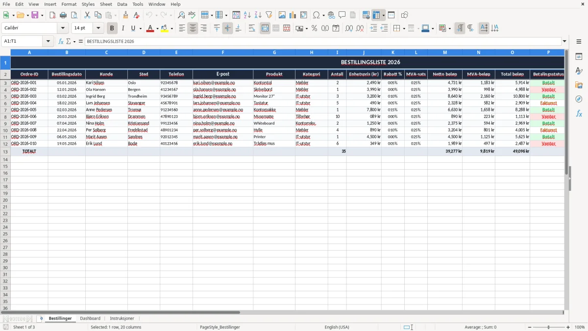 Skjermbilde 1: fanen Bestillinger - Excel-mal bestillingsliste excel mal