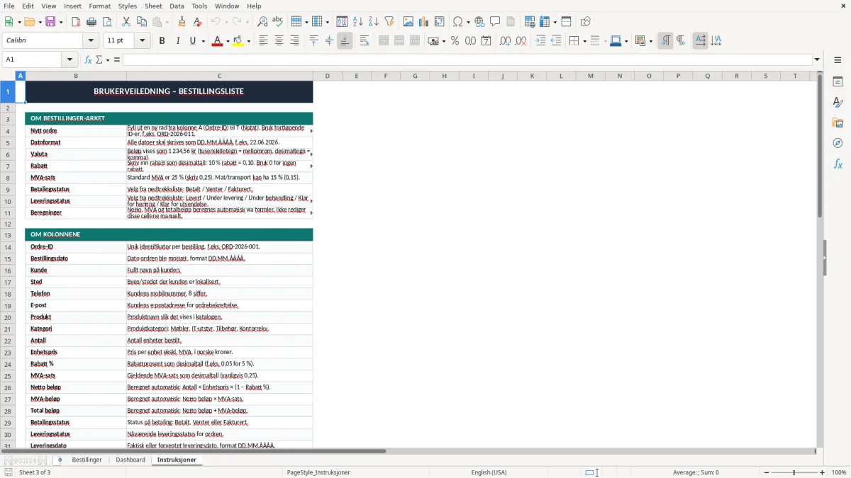 Skjermbilde 3: fanen Instruksjoner - Excel-mal bestillingsliste excel mal