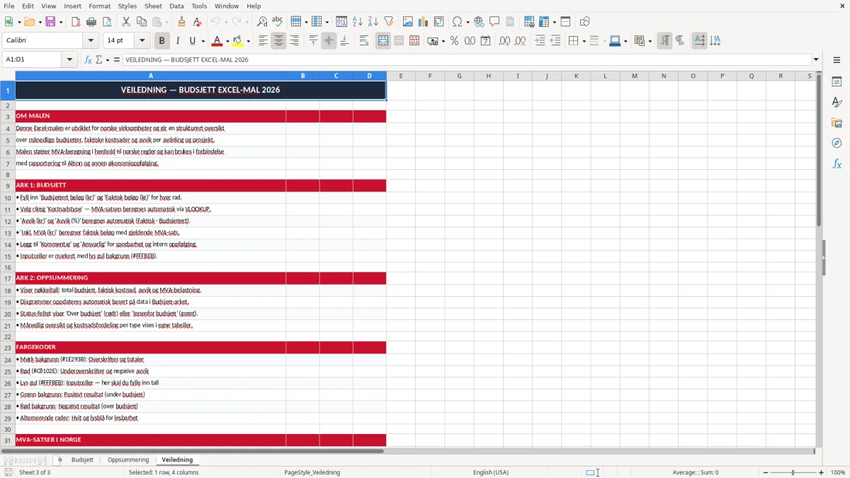 Skjermbilde 3: fanen Veiledning - Excel-mal budsjett excel mal