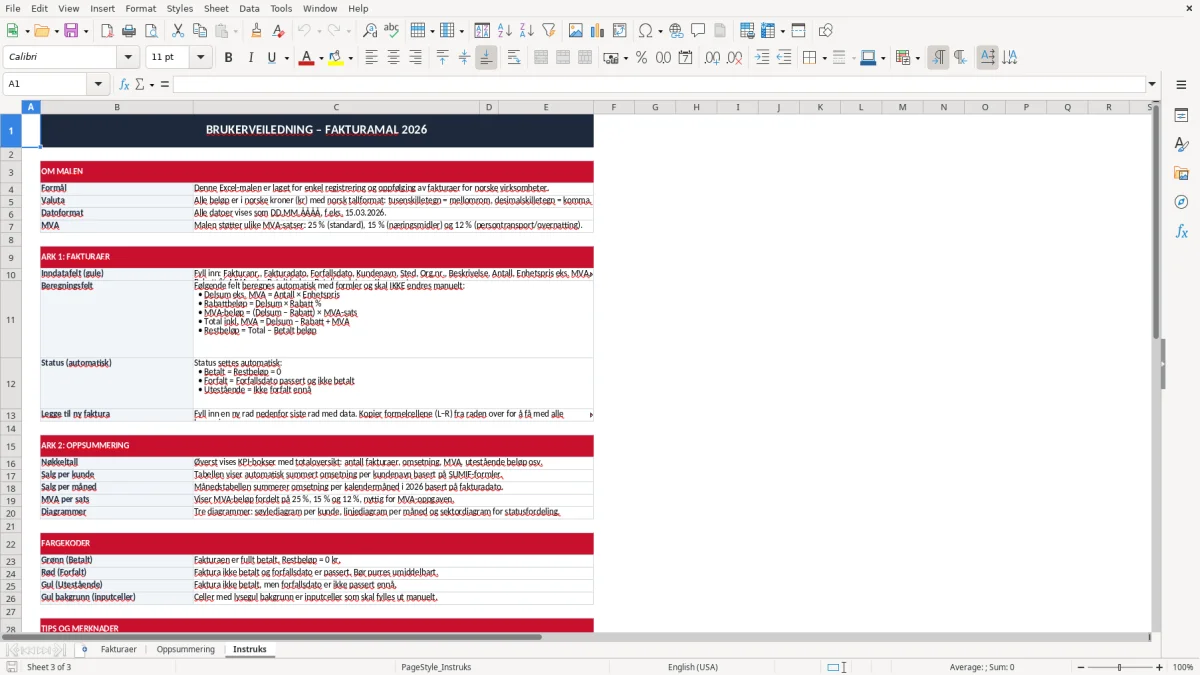 Skärmbild 3: fliken Instruks - Excelmall faktura excel mal