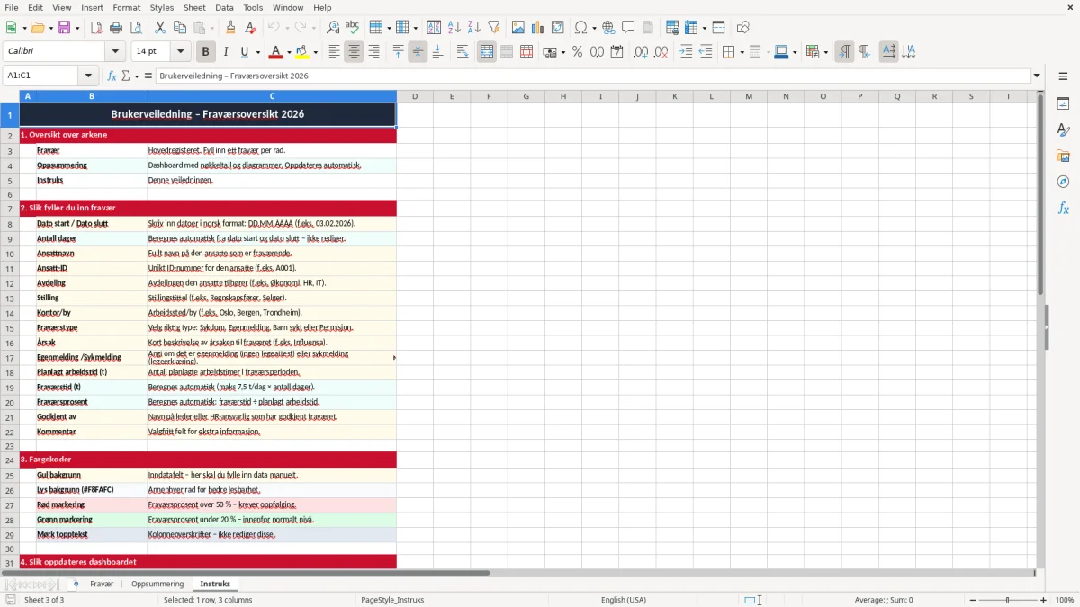 Skjermbilde 3: fanen Instruks - Excel-mal fraværsoversikt excel mal