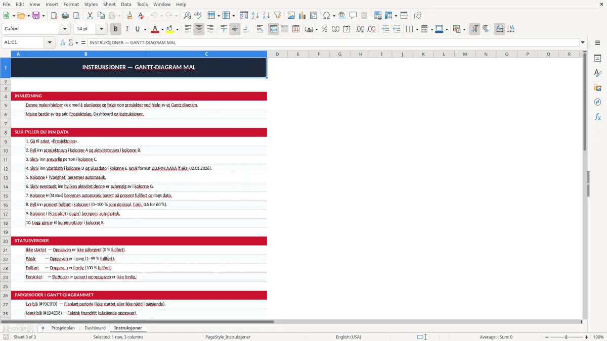 Skärmbild 3: fliken Instruksjoner - Excelmall gantt diagram excel mal