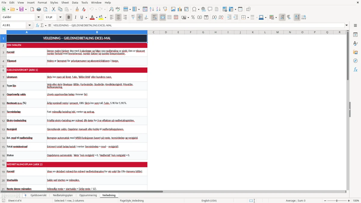 Skjermbilde 4: fanen Veiledning - Excel-mal gjeldsnedbetaling excel mal