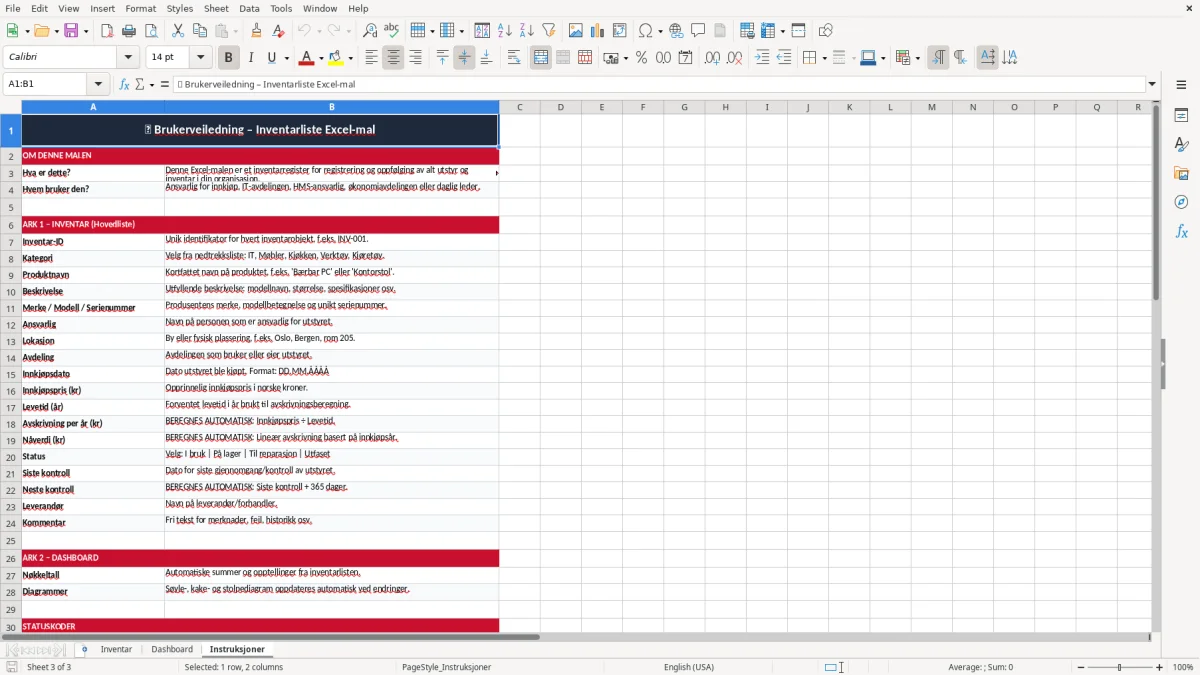 Skjermbilde 3: fanen Instruksjoner - Excel-mal inventarliste excel mal