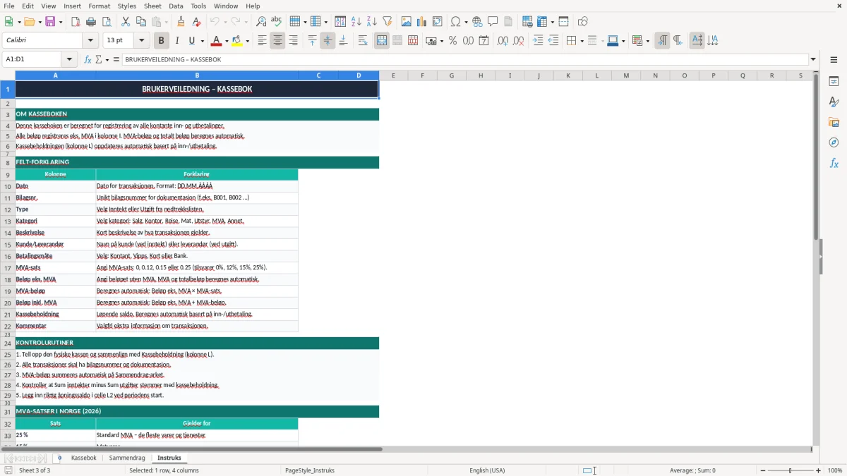 Skjermbilde 3: fanen Instruks - Excel-mal kassebok excel mal