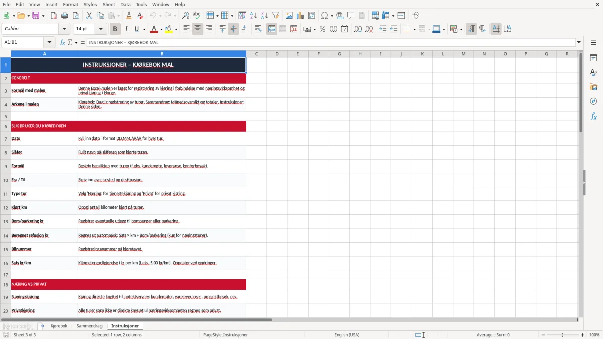 Skjermbilde 3: fanen Instruksjoner - Excel-mal kjørebok excel mal