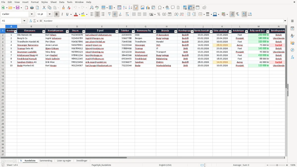 Skärmbild 1: fliken Kundeliste - Excelmall kundeliste excel mal
