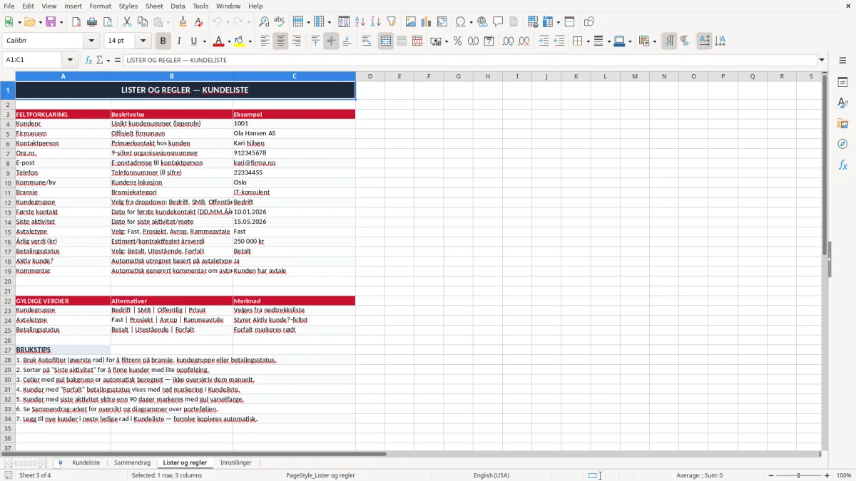 Skärmbild 3: fliken Lister og regler - Excelmall kundeliste excel mal