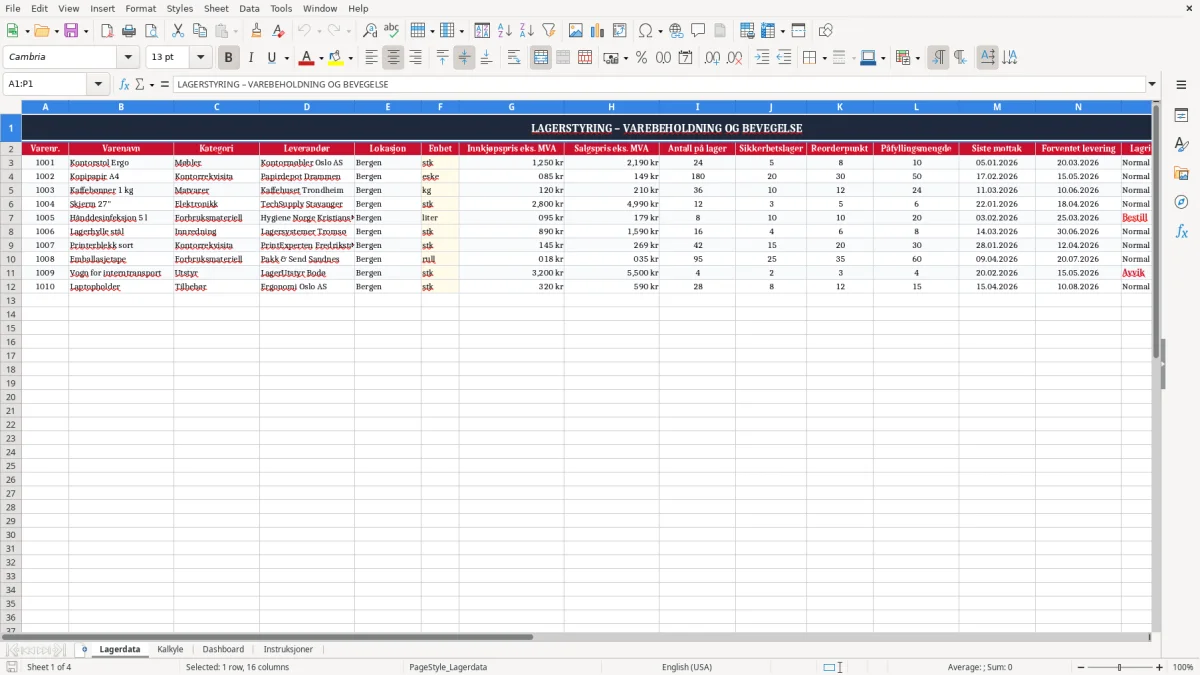 Skärmbild 1: fliken Lagerdata - Excelmall lagerstyring excel mal