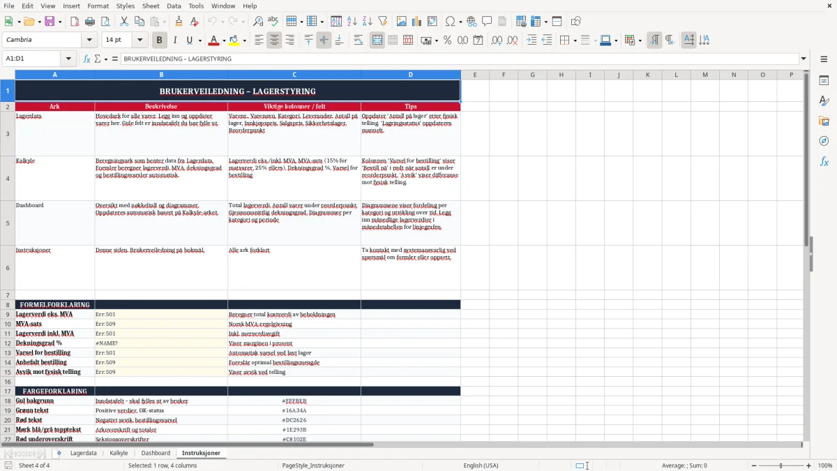 Skärmbild 4: fliken Instruksjoner - Excelmall lagerstyring excel mal
