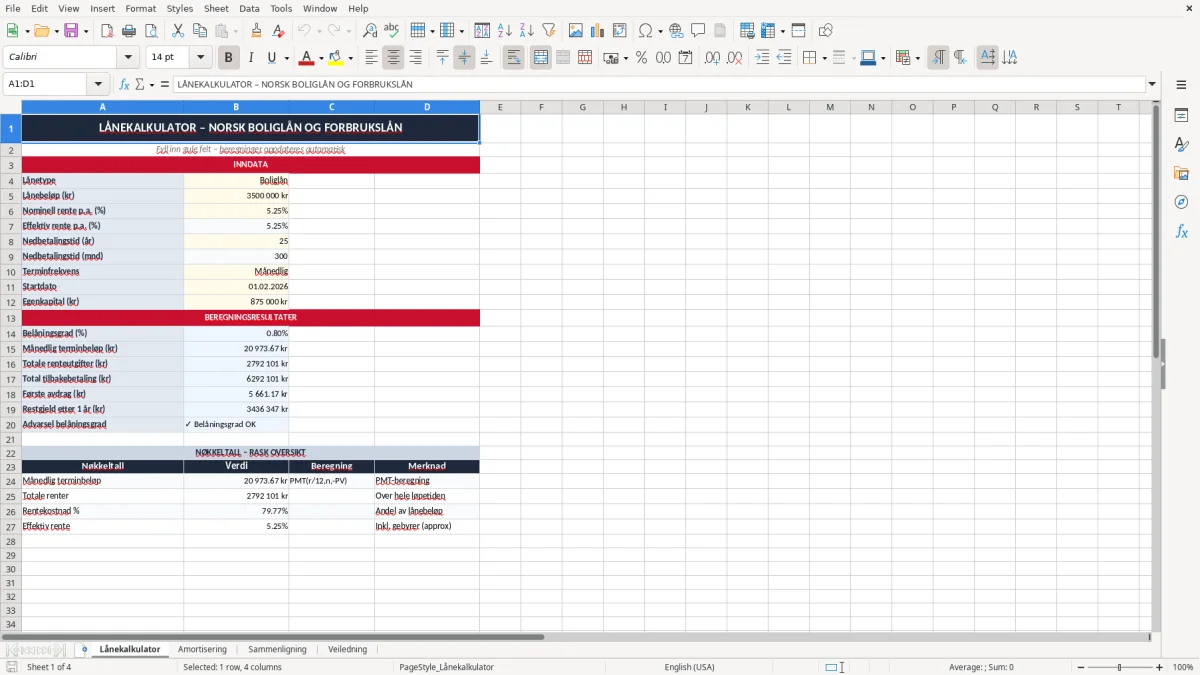Skjermbilde 1: fanen Lånekalkulator - Excel-mal lånekalkulator excel mal