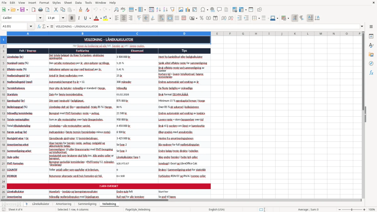 Skjermbilde 4: fanen Veiledning - Excel-mal lånekalkulator excel mal
