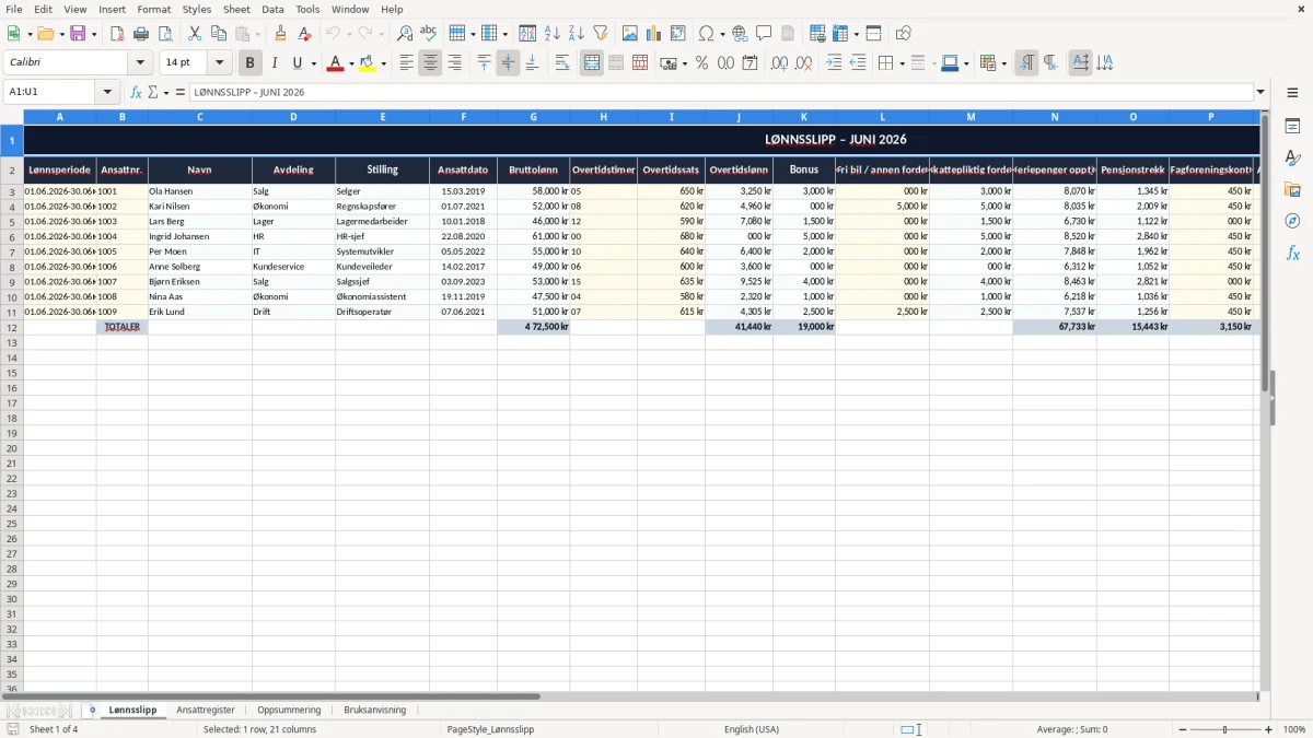 Skjermbilde 1: fanen Lønnsslipp - Excel-mal lønnsslipp excel mal