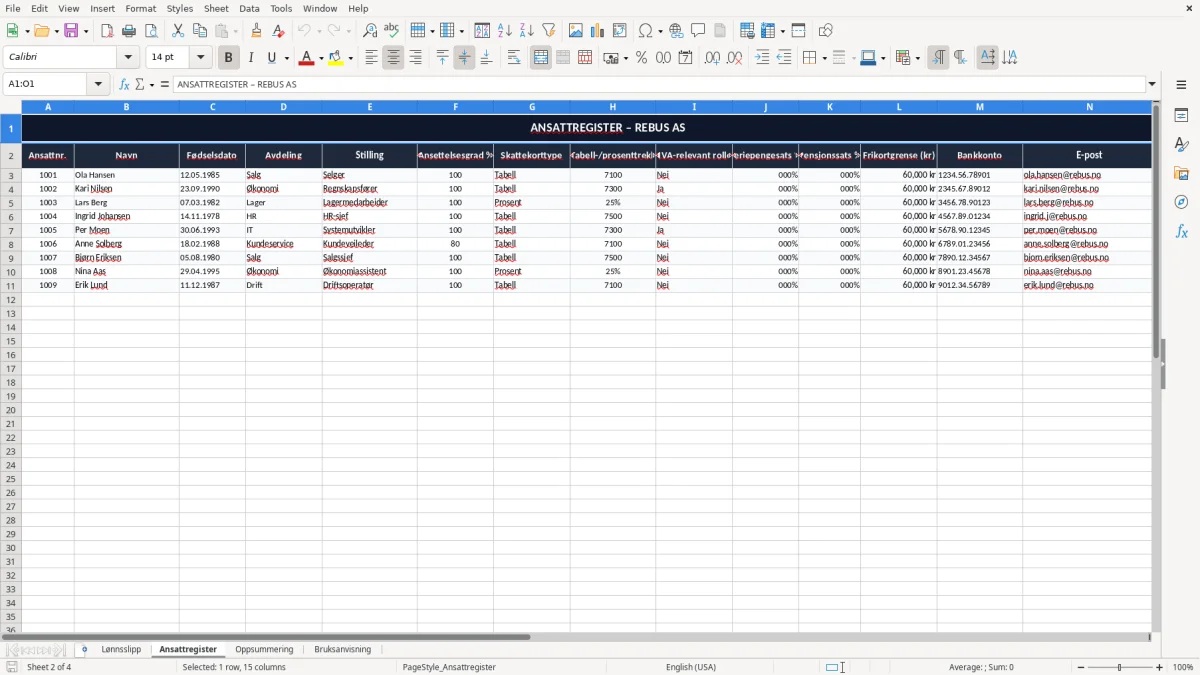 Skjermbilde 2: fanen Ansattregister - Excel-mal lønnsslipp excel mal