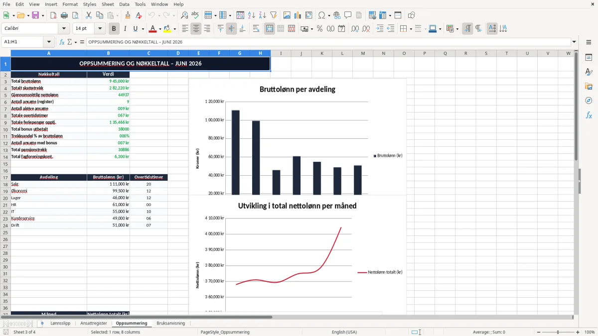 Skjermbilde 3: fanen Oppsummering - Excel-mal lønnsslipp excel mal