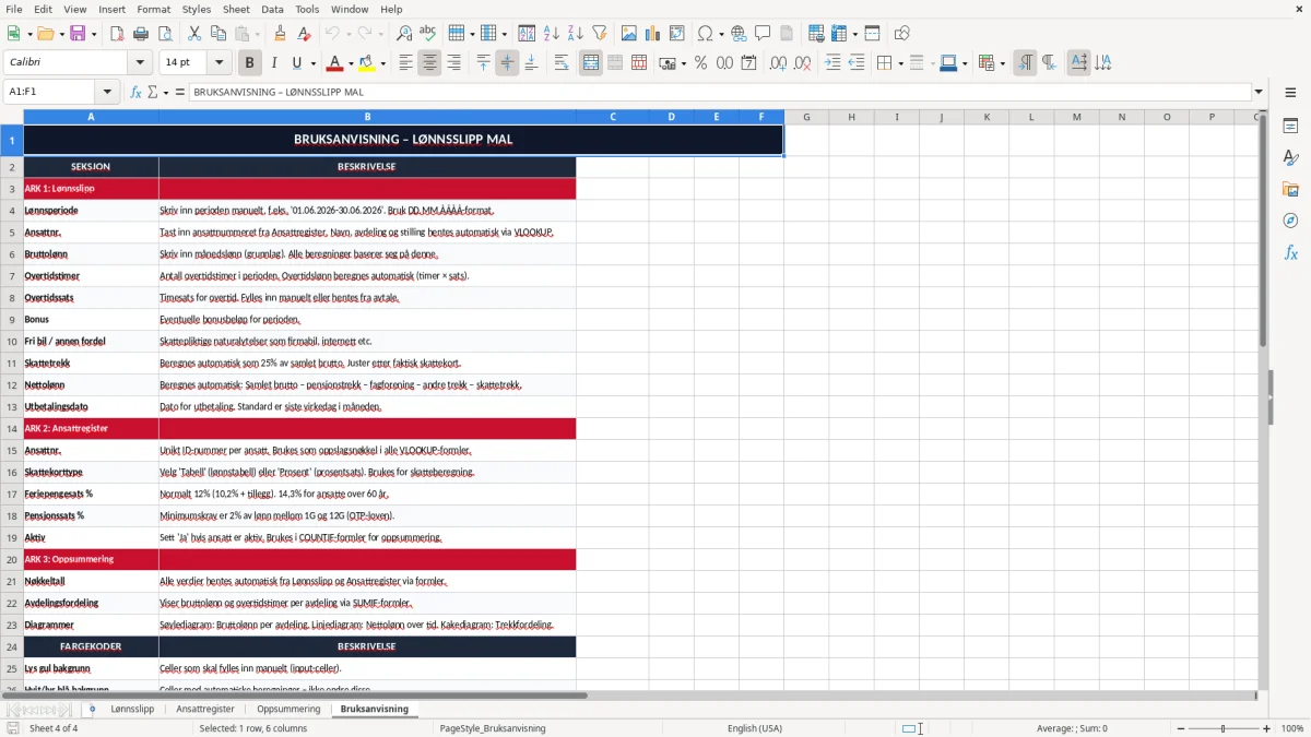 Skjermbilde 4: fanen Bruksanvisning - Excel-mal lønnsslipp excel mal