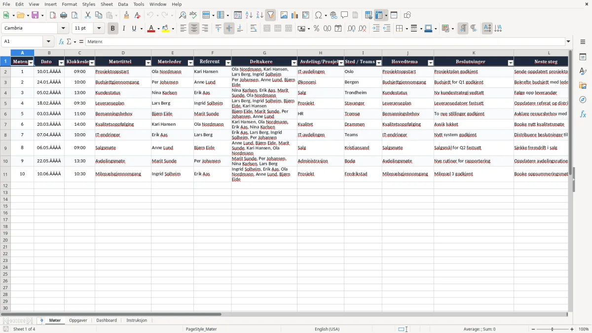 Skjermbilde 1: fanen Møter - Excel-mal møtereferat excel mal