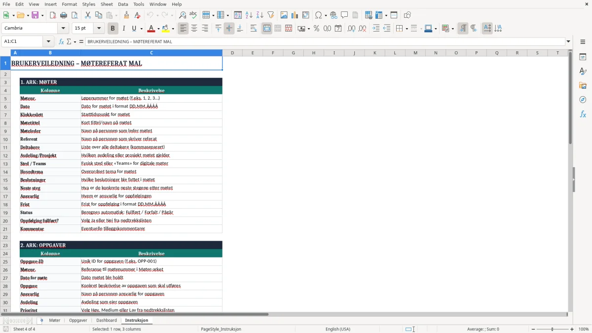 Skjermbilde 4: fanen Instruksjon - Excel-mal møtereferat excel mal