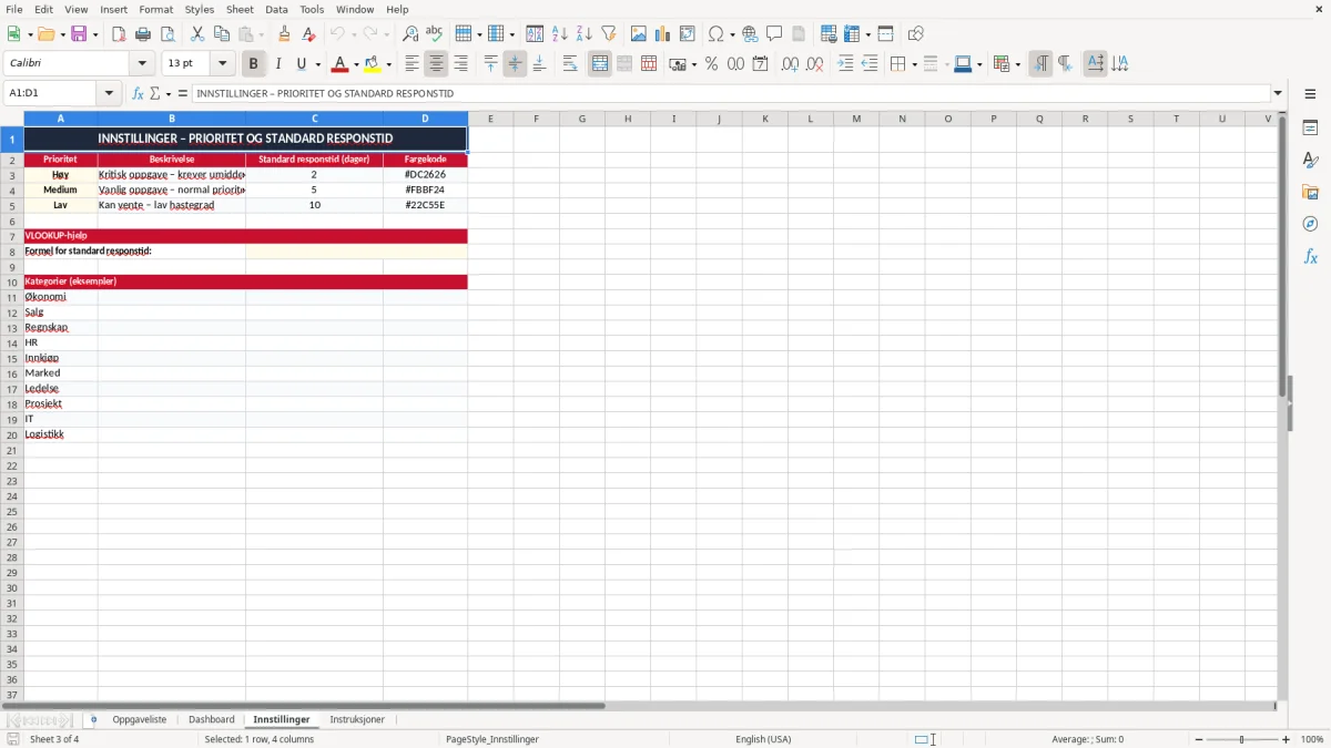 Skärmbild 3: fliken Innstillinger - Excelmall oppgaveliste excel mal