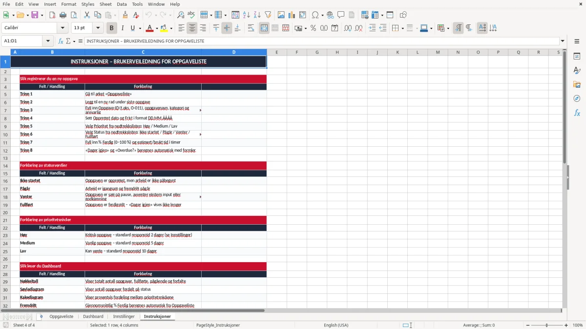 Skärmbild 4: fliken Instruksjoner - Excelmall oppgaveliste excel mal