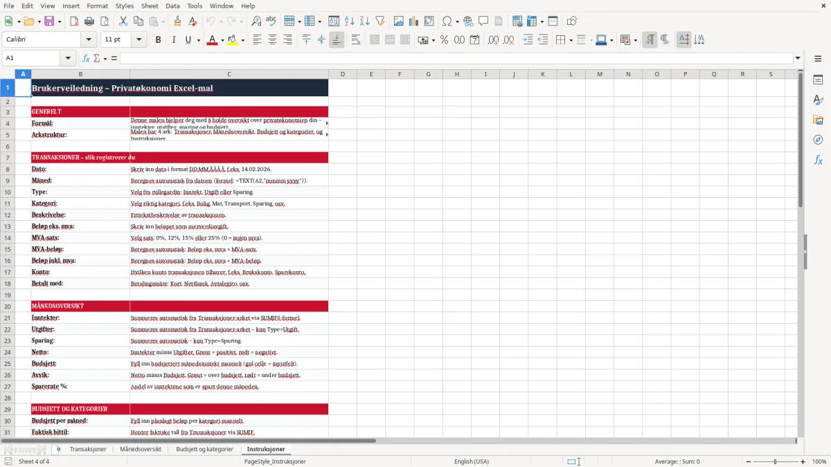 Skärmbild 4: fliken Instruksjoner - Excelmall privatøkonomi excel mal