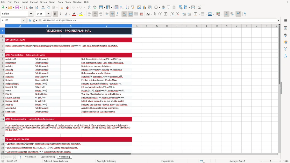 Skärmbild 3: fliken Veiledning - Excelmall prosjektplan excel mal