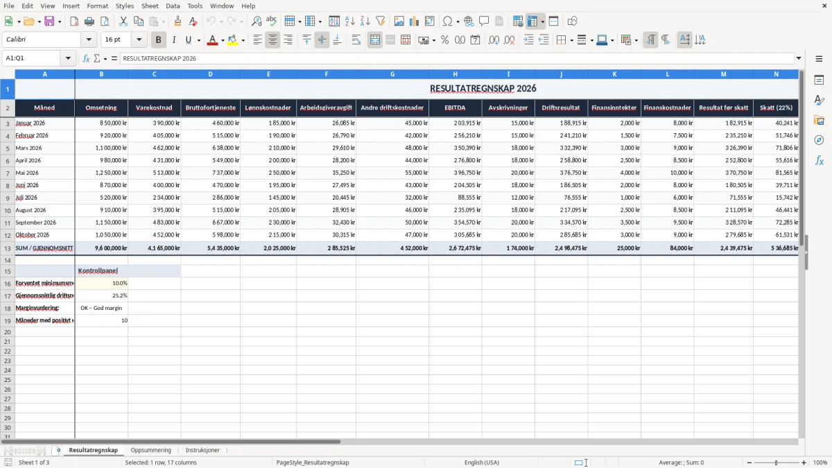 Skjermbilde 1: fanen Resultatregnskap - Excel-mal resultatregnskap excel mal