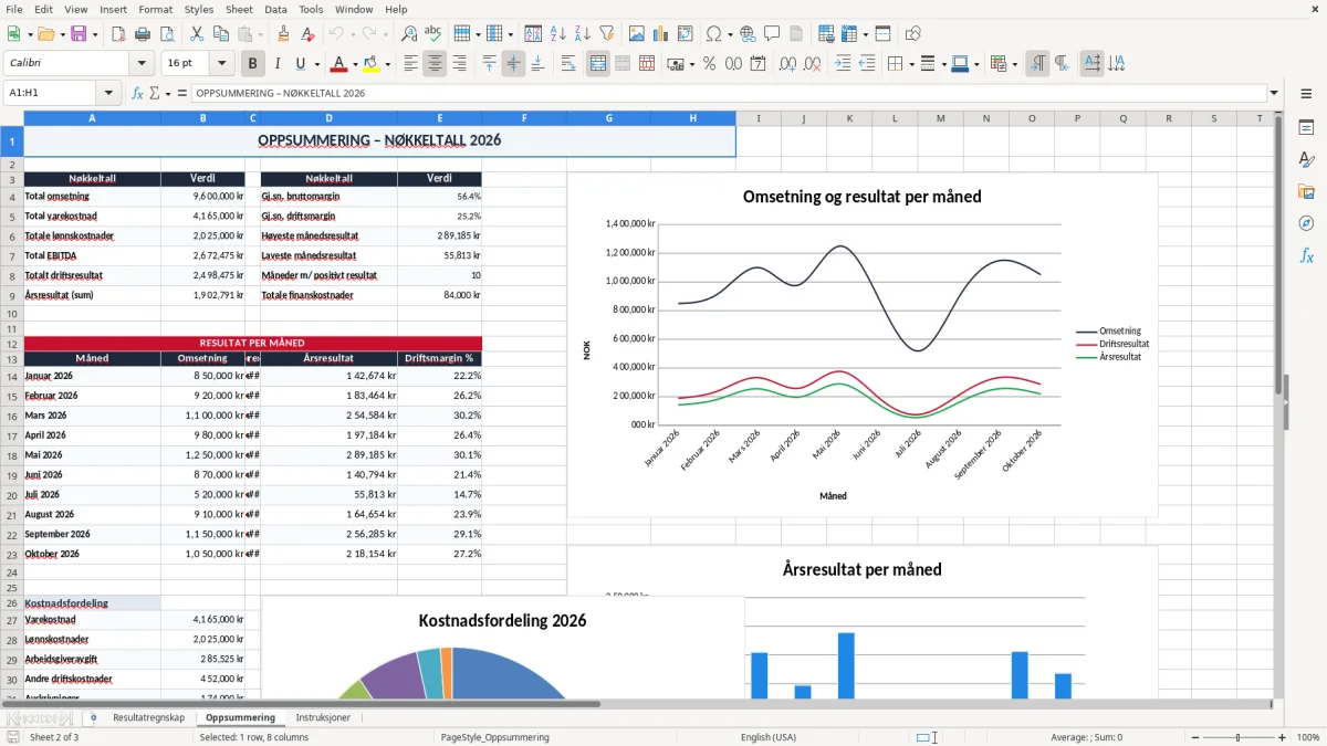 Skjermbilde 2: fanen Oppsummering - Excel-mal resultatregnskap excel mal