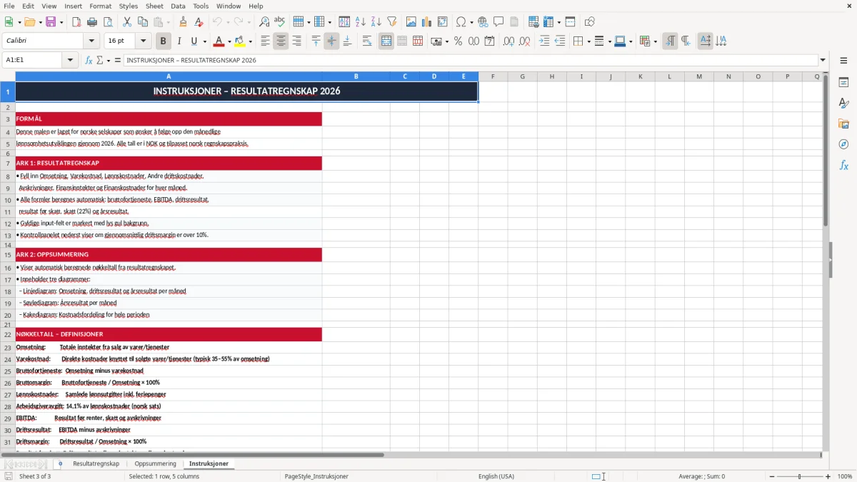 Skjermbilde 3: fanen Instruksjoner - Excel-mal resultatregnskap excel mal