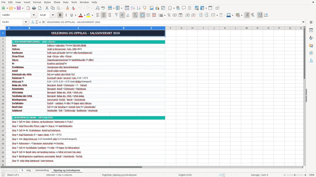 Skjermbilde 3: fanen Oppslag og instruksjoner - Excel-mal salgsoversikt excel mal