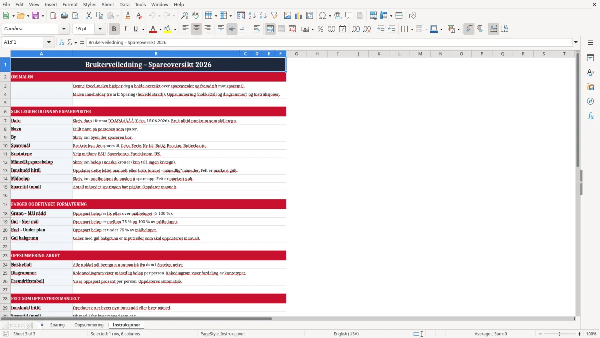Skjermbilde 3: fanen Instruksjoner - Excel-mal sparing excel mal