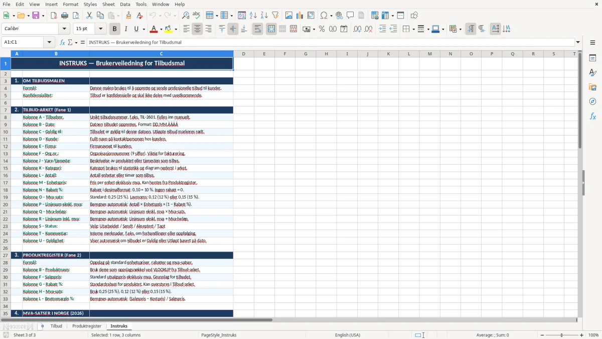 Skjermbilde 3: fanen Instruks - Excel-mal tilbudsmal excel