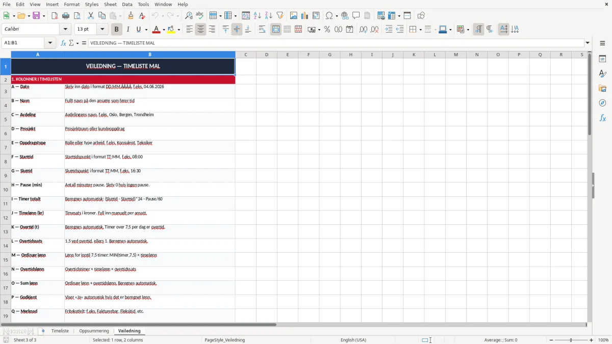 Skärmbild 3: fliken Veiledning - Excelmall timeliste excel mal