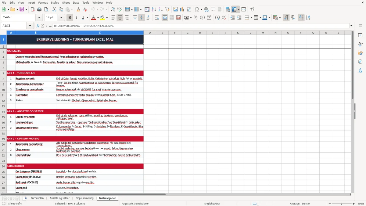 Skjermbilde 4: fanen Instruksjoner - Excel-mal turnusplan excel mal