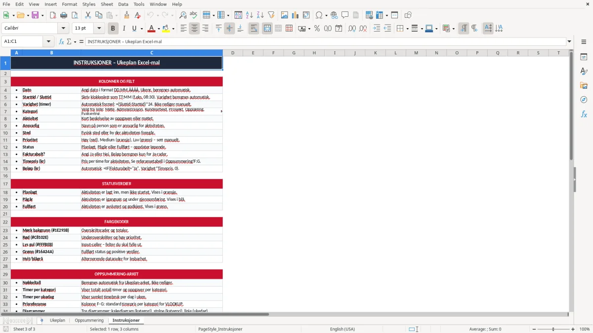 Skjermbilde 3: fanen Instruksjoner - Excel-mal ukeplan excel mal