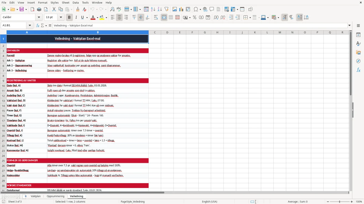 Skärmbild 3: fliken Veiledning - Excelmall vaktplan excel mal