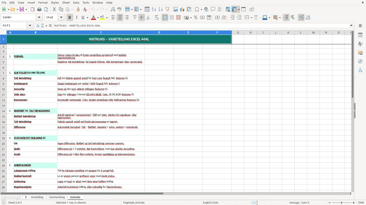Skärmbild 3: fliken Instruks - Excelmall varetelling excel mal