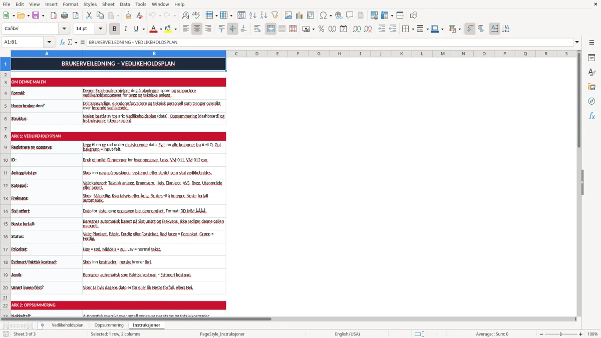 Skjermbilde 3: fanen Instruksjoner - Excel-mal vedlikeholdsplan excel mal