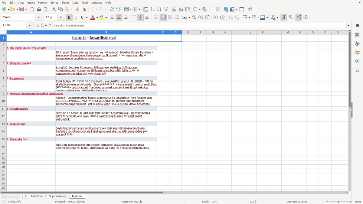 Skjermbilde 3: fanen Instruks - Excel-mal ansattliste excel mal