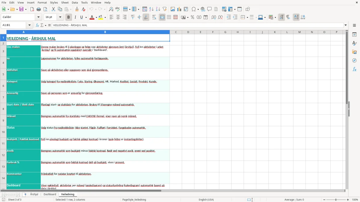 Skjermbilde 3: fanen Veiledning - Excel-mal årshjul excel mal