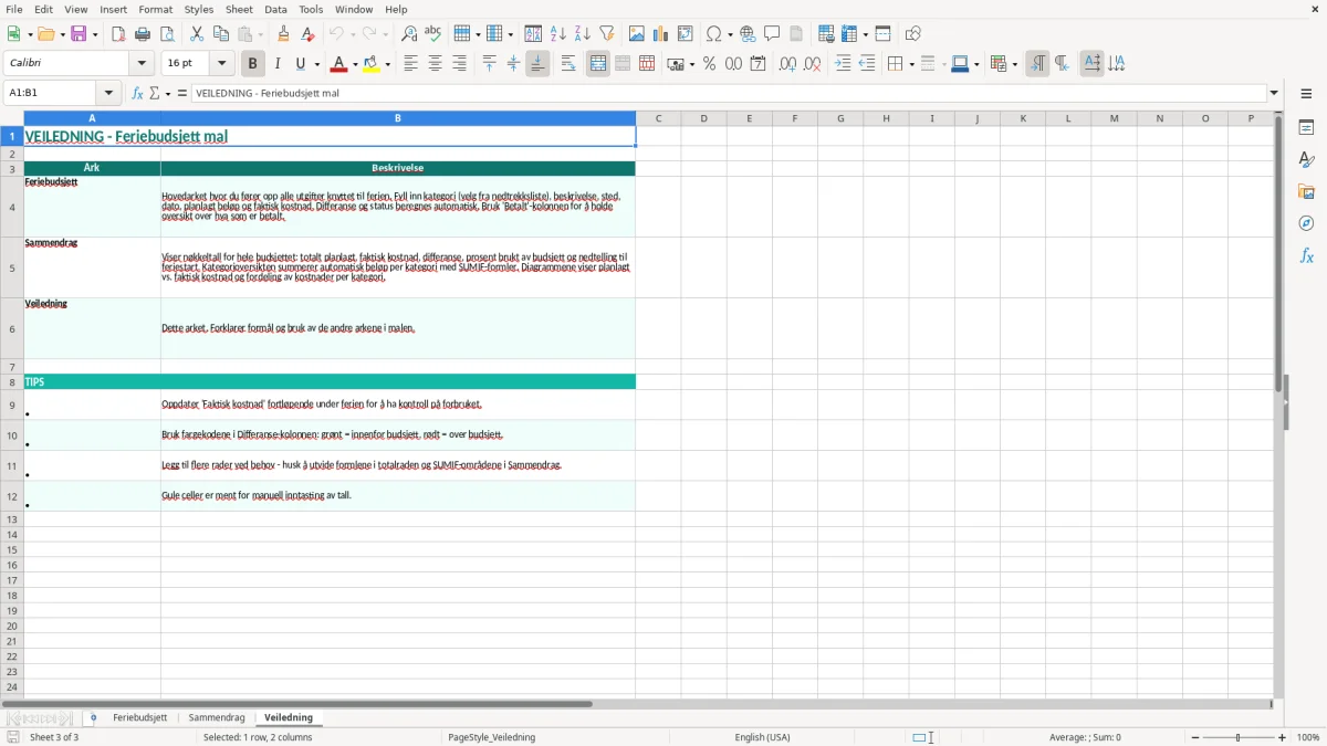 Skjermbilde 3: fanen Veiledning - Excel-mal feriebudsjett excel mal
