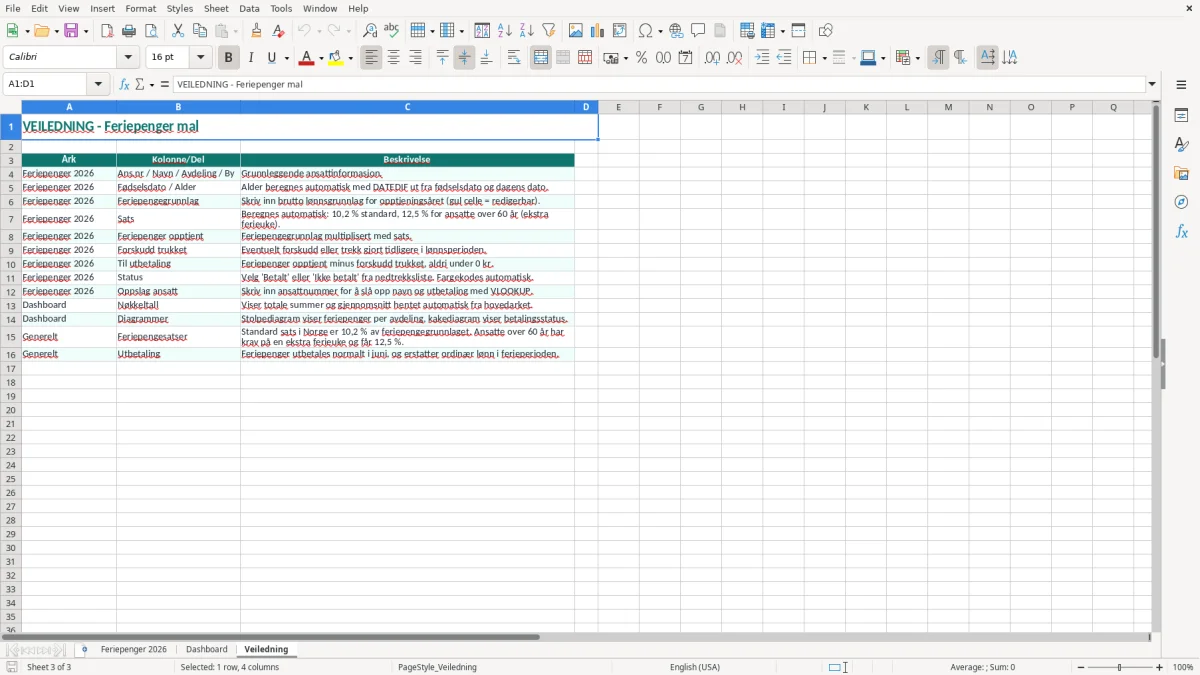 Skjermbilde 3: fanen Veiledning - Excel-mal feriepenger excel mal