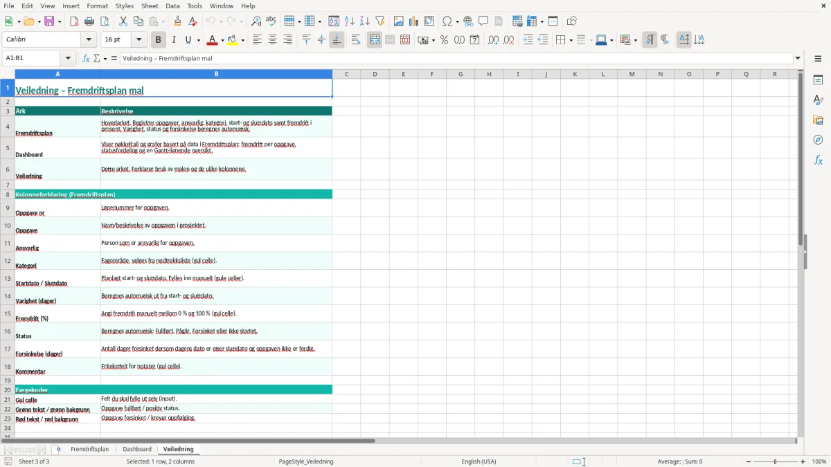 Skjermbilde 3: fanen Veiledning - Excel-mal fremdriftsplan excel mal