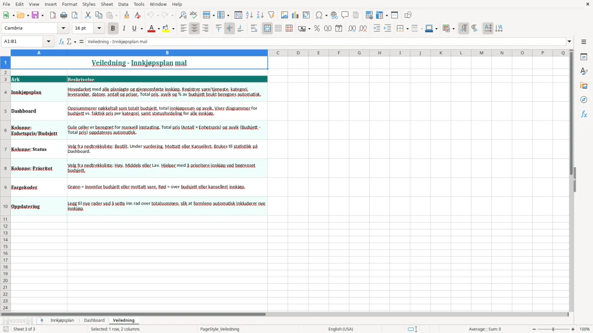 Skjermbilde 3: fanen Veiledning - Excel-mal innkjøpsplan excel mal