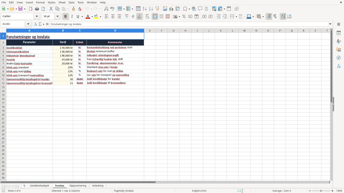 Skjermbilde 2: fanen Inndata - Excel-mal likviditetsbudsjett excel mal