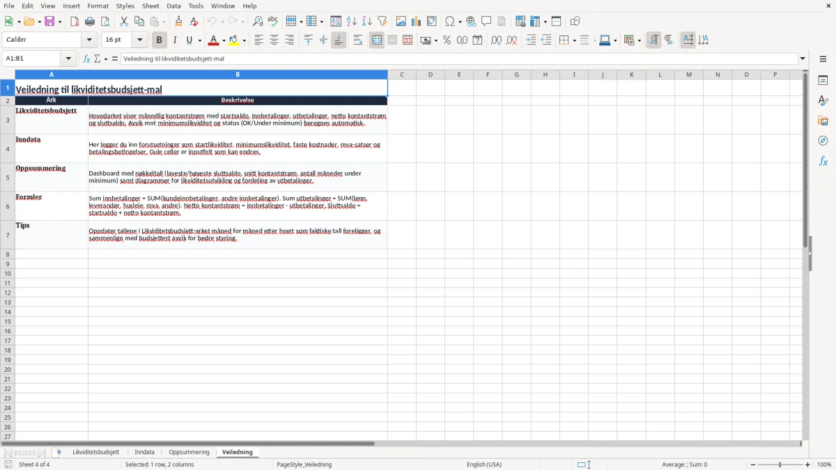 Skjermbilde 4: fanen Veiledning - Excel-mal likviditetsbudsjett excel mal
