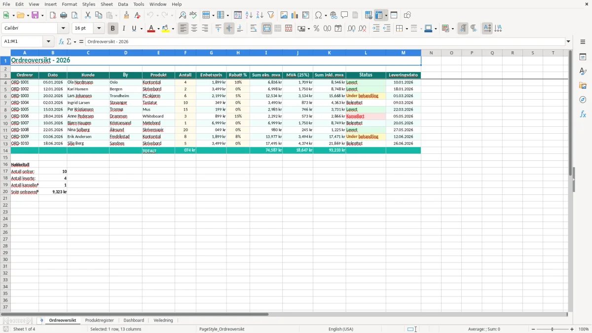 Skjermbilde 1: fanen Ordreoversikt - Excel-mal ordreoversikt excel mal