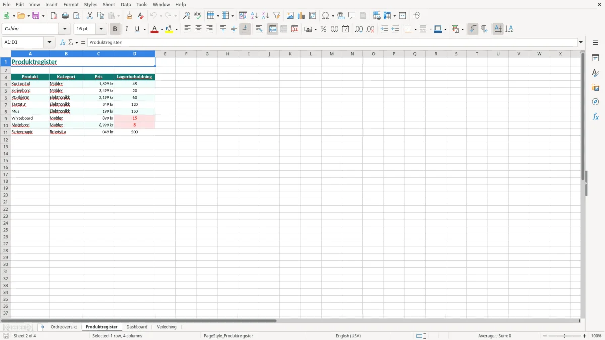 Skjermbilde 2: fanen Produktregister - Excel-mal ordreoversikt excel mal