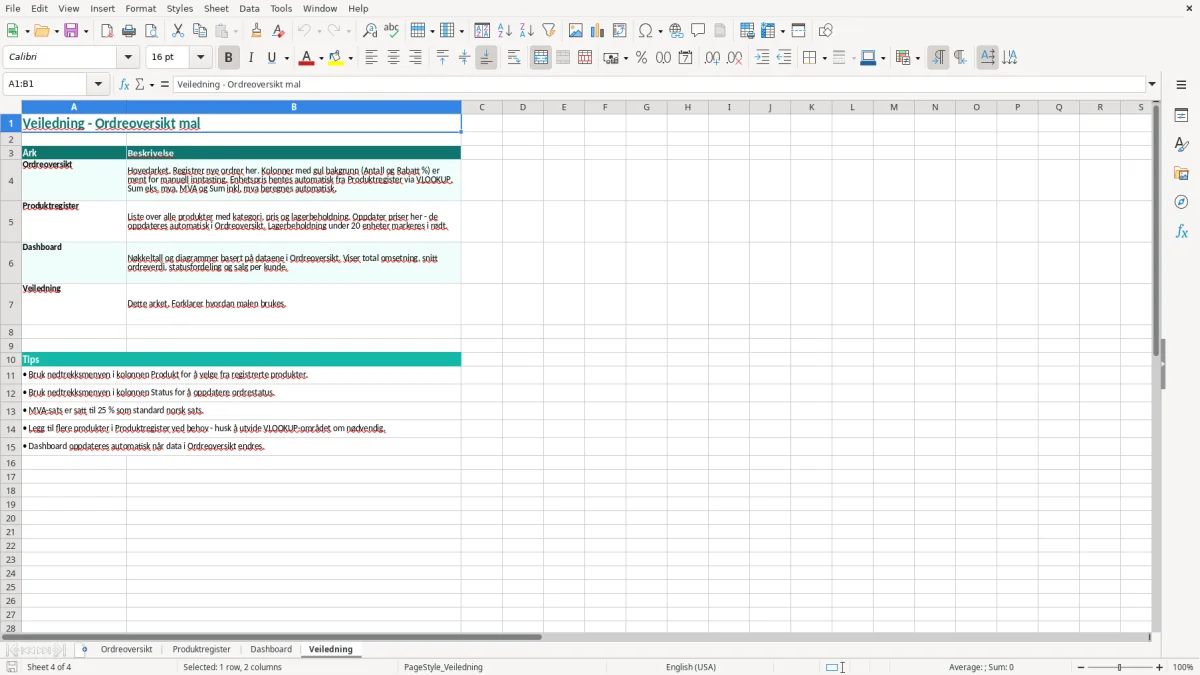 Skjermbilde 4: fanen Veiledning - Excel-mal ordreoversikt excel mal